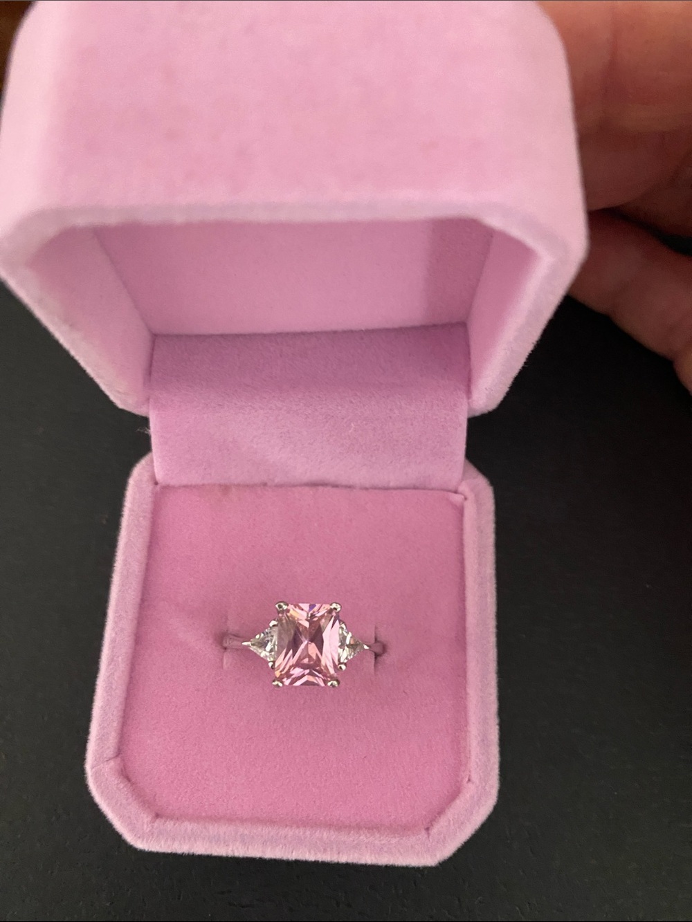 Pink Cushion-Cut Solitaire Ring with Side Accents in 925 Sterling size 7